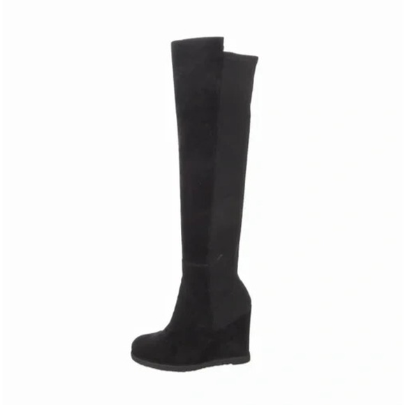 Stuart Weitzman Demiswoon Boot Tall Stretch Back Suede Wedge Round Black… - Picture 1 of 9